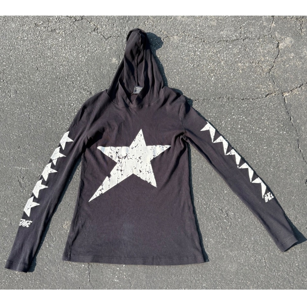 Sledge USA Y2K Star Hoodie Womens‎ L Black Ribbed Grunge Goth Top